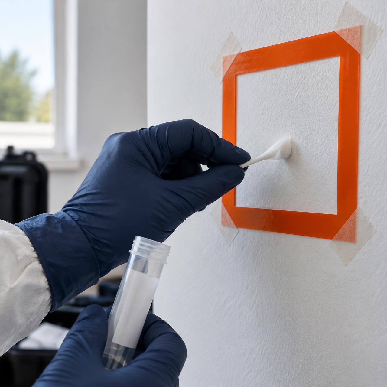 Gloved hand swabbing inside a 10 by 10 centimetre sampling template on a wall